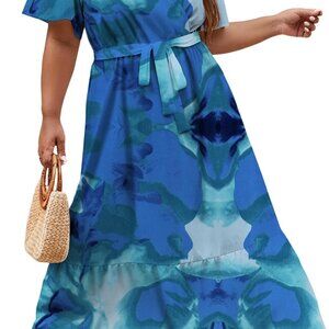 Plus Size Floral Maxi Dress Women's Summer Wrap V Neck Short Sleeve